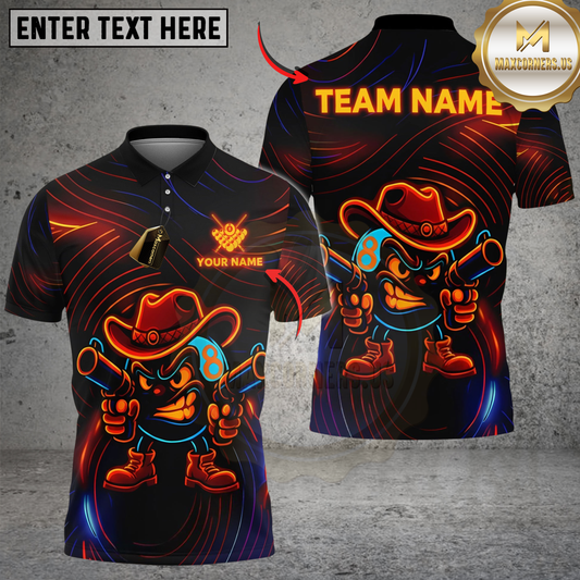 Maxcorners Billiards Ball 8 Neon Cowboy Customized Name, Team Name 3D Shirt (4 Colors)