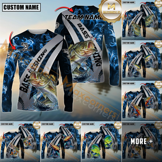 Maxcorners Fishing Blue Flame Smoke Silver Dynamic Wave Sport Jersey Personalized Name, Team Name Long Sleeve Shirt (8 Fish Species)