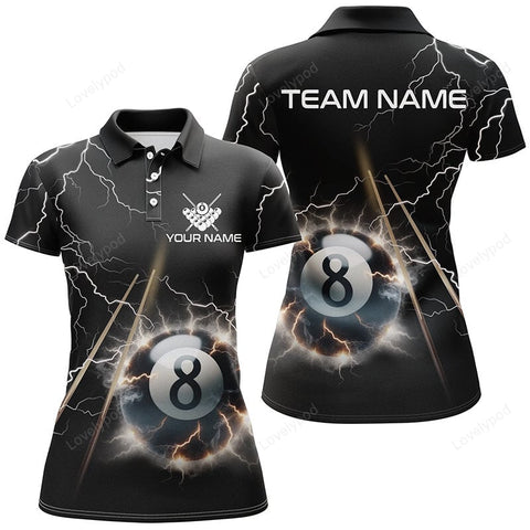 Maxcorners Personalized Thunder Lighting Black 8 Ball Billiard 3D Polo Shirts For Women