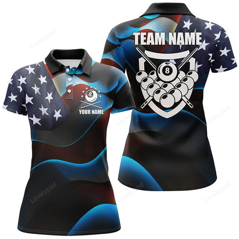 Maxcorners Personalized 3D US Flag 8 Ball Pool Polo Shirts For Women