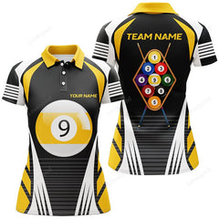 Maxcorners Personalized Yellow White 9 Ball Pool 3D Polo Shirts For Women