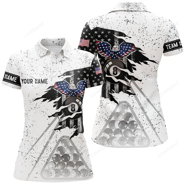 Maxcorners Personalized Eagle US Flag Billiard Black White Grunge 3D Polo Shirts For Women