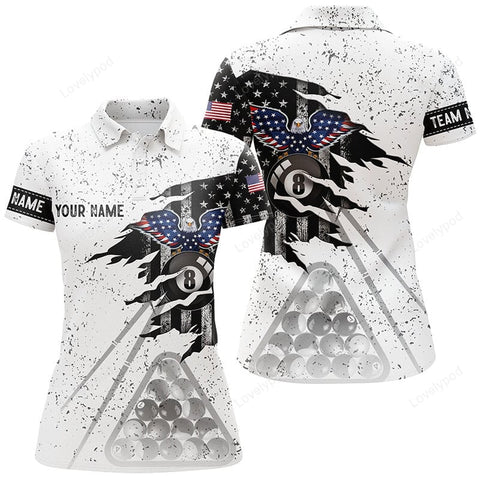 Maxcorners Personalized Eagle US Flag Billiard Black White Grunge 3D Polo Shirts For Women