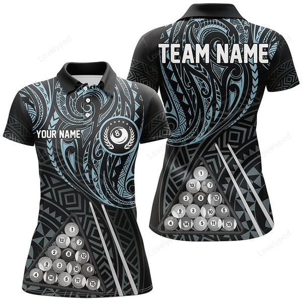 Maxcorners Personalized Blue Tribal 8 Ball Billiard 3D Polo Shirts For Women