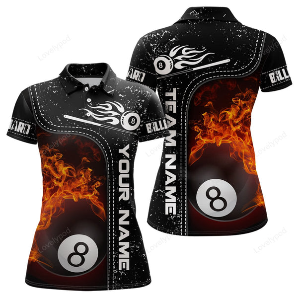 Maxcorners Personalized 8 Ball Flame Billiard Black 3D Polo Shirts For Women