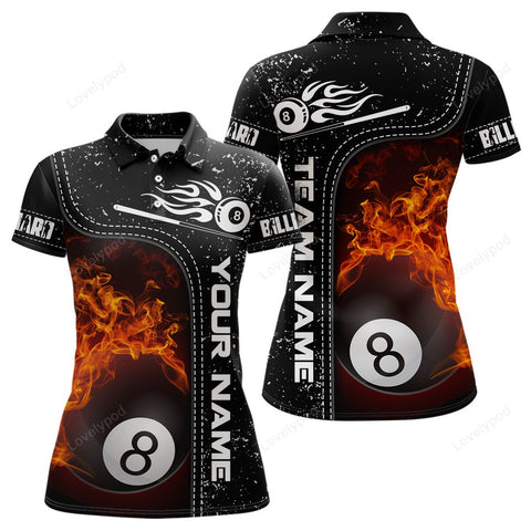 Maxcorners Personalized 8 Ball Flame Billiard Black 3D Polo Shirts For Women