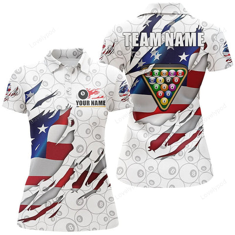 Maxcorners Billiards Balls 8 Ball Pattern White US Flag Custom Name Billiard Polo Shirts For Women