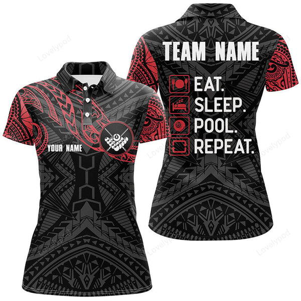 Maxcorners Billiard Black Red Tribal Pattern Custom Name Polo Shirts For Women