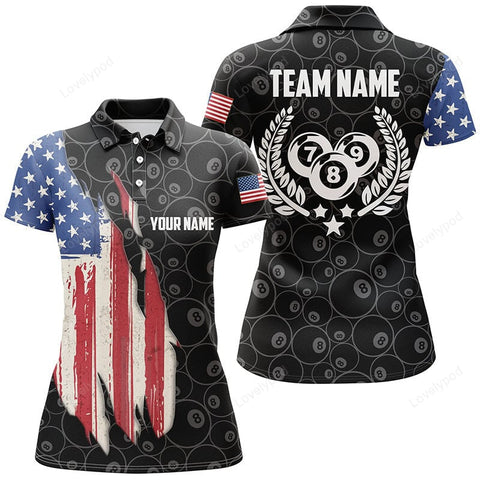 Maxcorners Billiard 8 Ball Pattern American Flag Custom Name Polo Shirts For Women