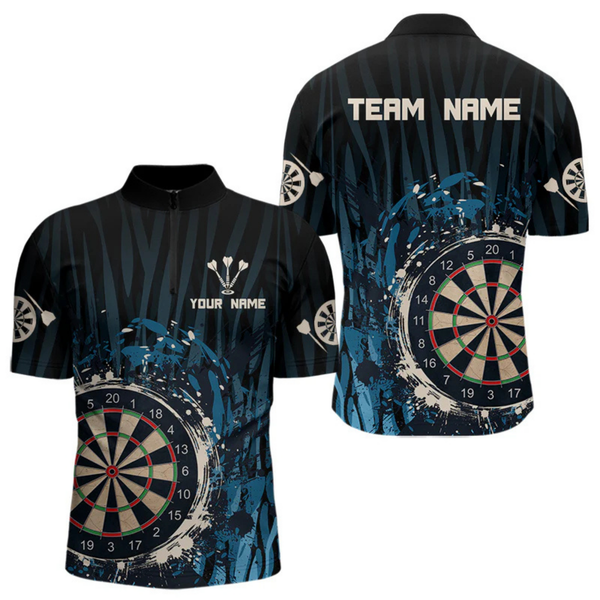 Maxcorners Men’s Custom Darts Team Shirt With Blue Splashed Art, Black Stripes And Dartboard LM1605
