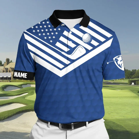 MaxCorners Blue Premium Cool American Flag Golf Polo Shirts Multicolored Customized Name Polo For Men