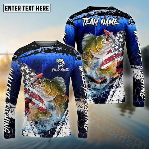 Maxcorners Walleye Fishing Dark Blue Scratch American Flag Custom Name & Team Name 3D Shirts