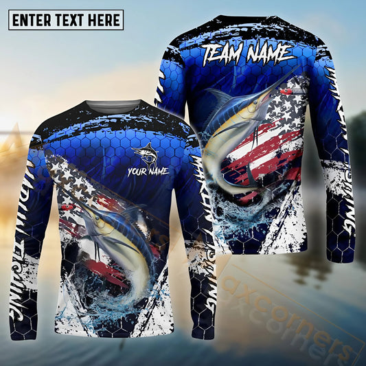 Maxcorners Marlin Fishing Dark Blue Scratch American Flag Custom Name & Team Name 3D Shirts