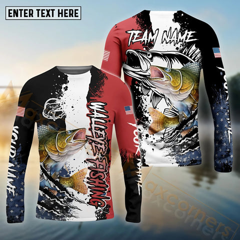 Maxcorners Walleye Fishing Paint Scratch American Flag scratch Sport Custom Name & Team Name 3D Shirts
