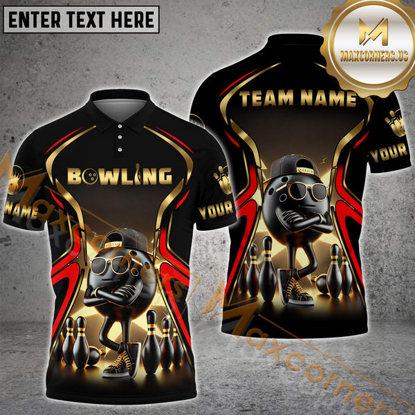Maxcorner Bowling Ball & Pins Premium Golden Multicolor Option Customized Name 3D Shirt (6 Colors)