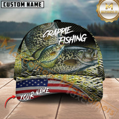 Maxcorners Crappie Fishing Skinfish Flag Of United States Pattern Multicolor Personalized Name 3D Cap