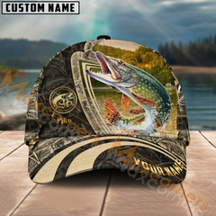 Maxcorners Pike Fishing Camo Leather Pattern Multicolor Personalized Name 3D Cap