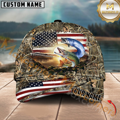Maxcorners Pike Fishing Sunset Flag Of United States Camo Pattern Multicolor Personalized Name 3D Cap