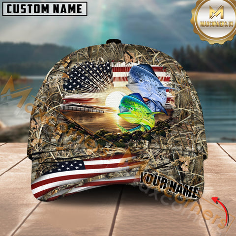 Maxcorners Mahi-Mahi Fishing Sunset Flag Of United States Camo Pattern Multicolor Personalized Name 3D Cap