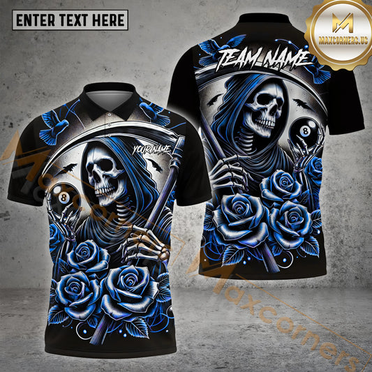 Maxcorners Billiard Rose Skeleton 8 Ball Multicolor Options Personalized Name, Team Name 3D Shirt (4 Colors)