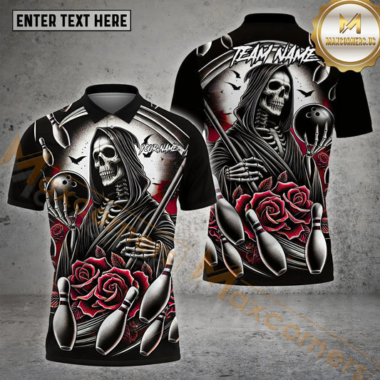 Maxcorners  Bowling Ball Rose Skull Pattern Multicolor Options Personalized Name, Team Name 3D Shirt (4 Colors)