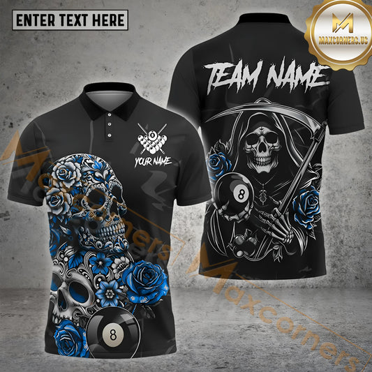 Maxcorners Billiard Dark Reaper & Rose 8 Ball Multicolor Options Personalized Name, Team Name 3D Shirt (4 Colors)