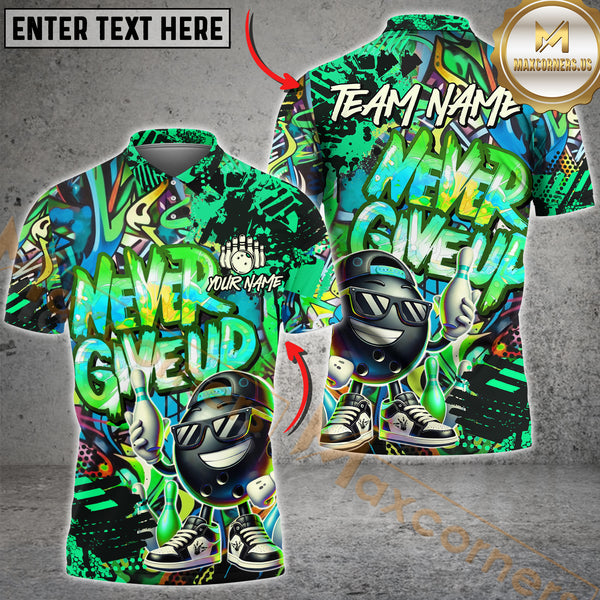 Maxcorners Funny Never Give Up Graffiti Pattern Bowling Game Jersey Multicolor Options Personalized Name, Team Name 3D Shirt (4 Colors)
