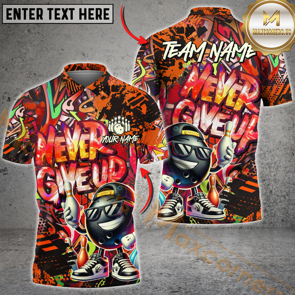 Maxcorners Funny Never Give Up Graffiti Pattern Bowling Game Jersey Multicolor Options Personalized Name, Team Name 3D Shirt (4 Colors)