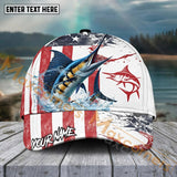 Maxcorners Marlin Fishing Red Blue Seawwave American Flag Pattern Sport Pattern Personalized Name 3D Cap MT173