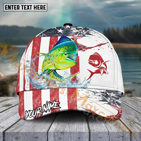 Maxcorners Mahi-Mahi Fishing Red Blue Seawwave American Flag Pattern Sport Pattern Personalized Name 3D Cap MT173