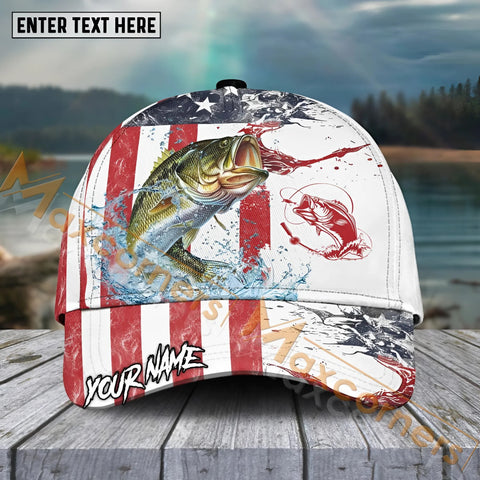 Maxcorners Bass Fishing Red Blue Seawwave American Flag Pattern Sport Pattern Personalized Name 3D Cap MT173