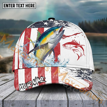 Maxcorners Tuna Fishing Red Blue Seawwave American Flag Pattern Sport Pattern Personalized Name 3D Cap MT173