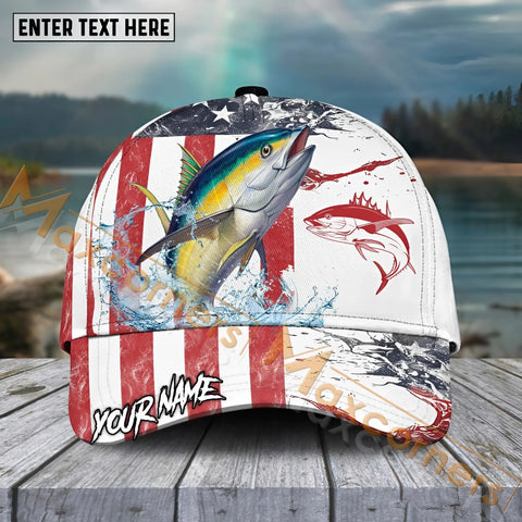 Maxcorners Tuna Fishing Red Blue Seawwave American Flag Pattern Sport Pattern Personalized Name 3D Cap MT173