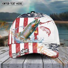 Maxcorners Trout Fishing Red Blue Seawwave American Flag Pattern Sport Pattern Personalized Name 3D Cap MT173