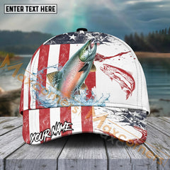 Maxcorners Salmon Fishing Red Blue Seawwave American Flag Pattern Sport Pattern Personalized Name 3D Cap MT173