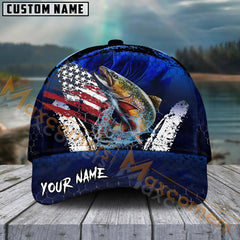 Maxcorners Trout Fishing Dark Blue Scratch American Flag Pattern Sport Pattern Personalized Name 3D Cap MT173