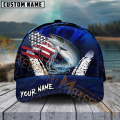 Maxcorners Salmon Fishing Dark Blue Scratch American Flag Pattern Sport Pattern Personalized Name 3D Cap MT173