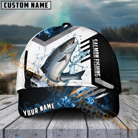 Maxcorners Salmon Fishing Blue Flame Sport Pattern Personalized Name 3D Cap
