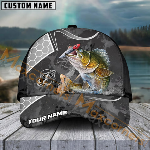 Maxcorners Walleye Fishing Gray Camo Sport Pattern Personalized Name 3D Cap