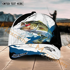 Maxcorners Bass Fishing Black White Water Flow Pattern Sport Pattern Personalized Name 3D Cap MT173