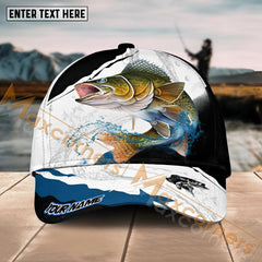 Maxcorners Walleye Fishing Black White Water Flow Pattern Sport Pattern Personalized Name 3D Cap MT173