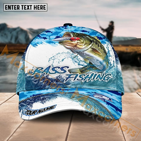 Maxcorners Bass Fishing Blue Water Camo Pattern Sport Pattern Personalized Name 3D Cap MT173