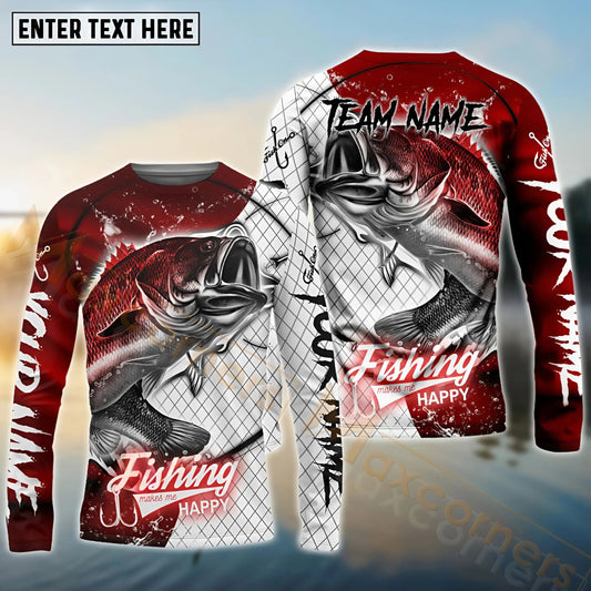Maxcorners Bass Fishing Dark Red Skin Pattern Sport Custom Name & Team Name 3D Shirts