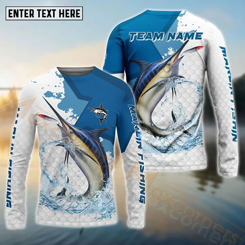 Maxcorners Marlin Fishing White Fin Blue Paint Pattern Sport Custom Name & Team Name 3D Shirts