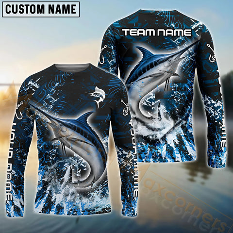 Maxcorners Marlin Fishing Dark Grunge Blue Pattern Sport Custom Name & Team Name 3D Shirts