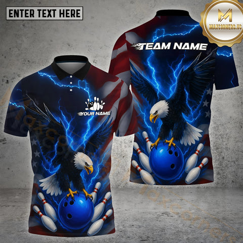 Maxcorners Blue Thunder Bowling Eagle US Flag Patriotic Crack Customized Name, Team Name 3D Polo Shirt