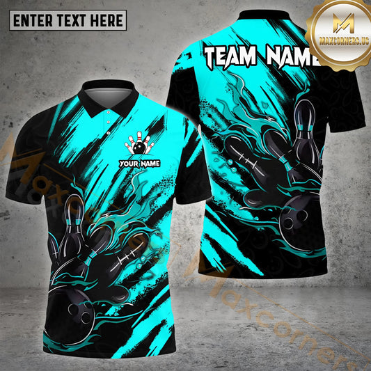 Maxcorners Bowling & Pins Color Paint Pattern  Multicolor Option Customized Name, Team Name 3D Polo Shirt (4 Colors)