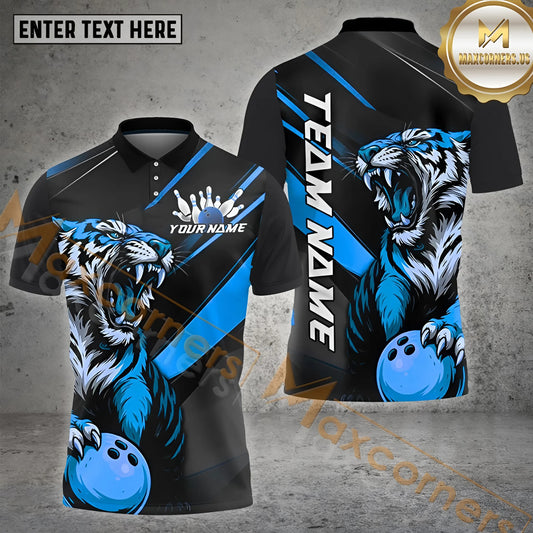 Maxcorners Fierce Tiger Bowling Ball & Pins Multicolor Options Personalized Name, Team Name 3D Shirt (4 Colors)