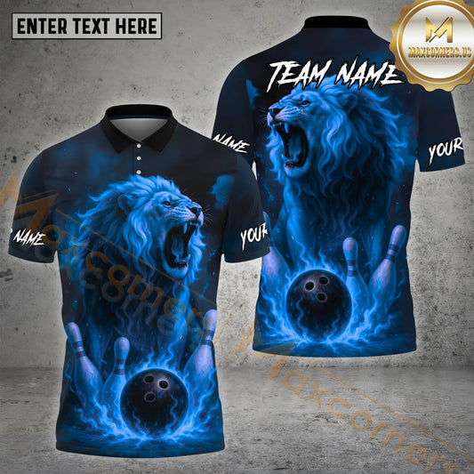 Maxcorners Bowling Roaring Lion Flame Power Multicolor Options Personalized Name, Team Name 3D Shirt (4 Colors)