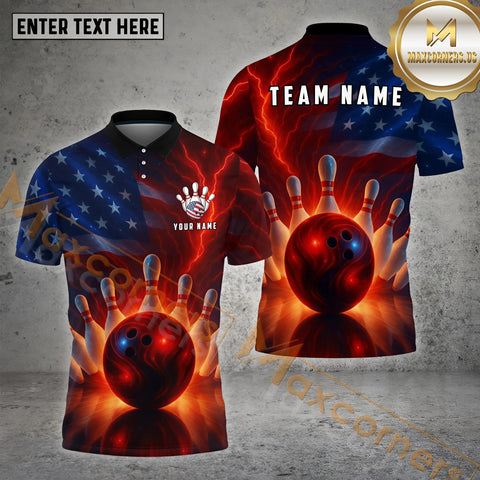 Maxcorners American Flag Thunder Bowling Jersey Customized Name, Team Name 3D Polo Shirt